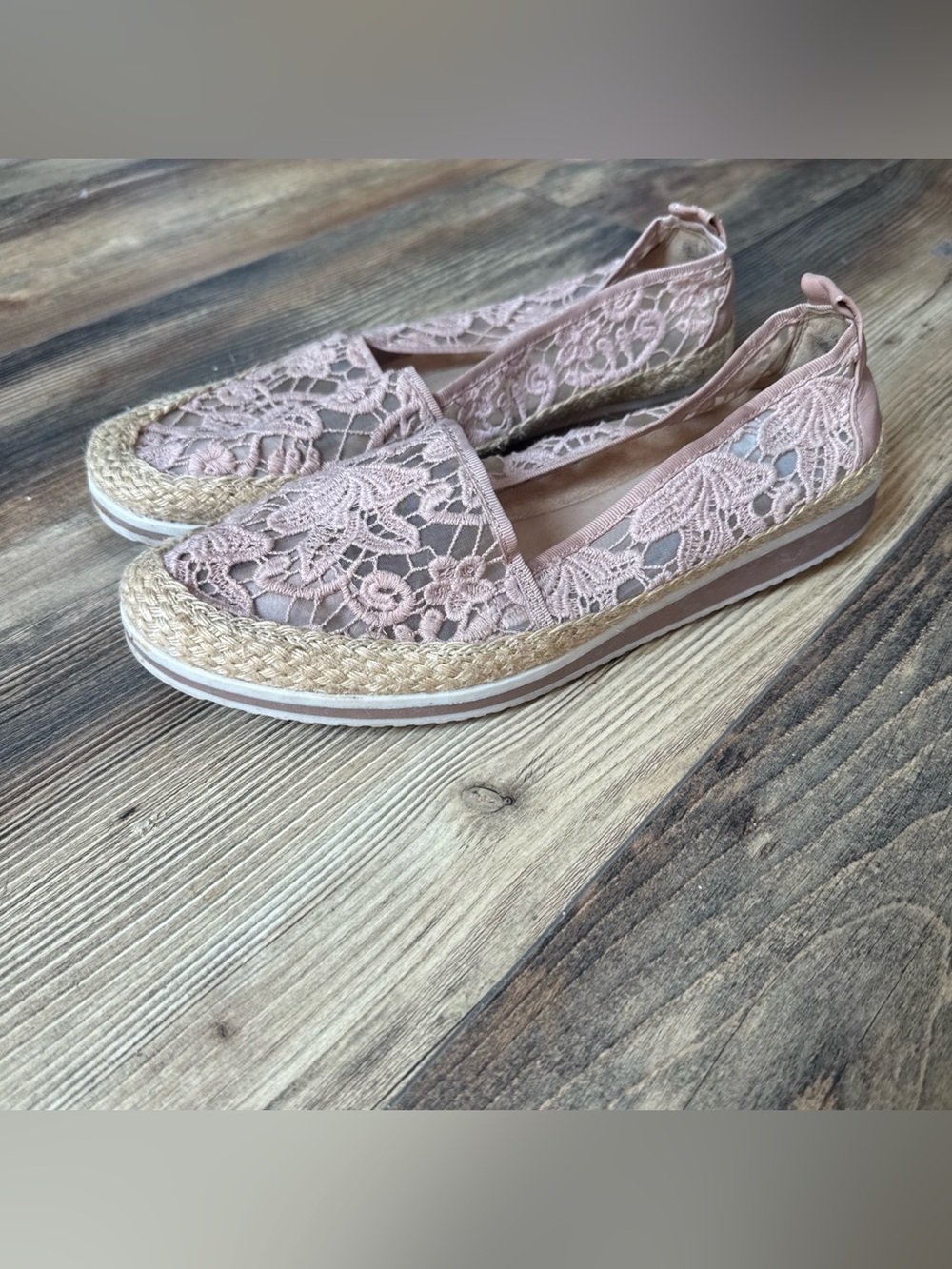 Naturalizer Taupe Lace Jute and Leather Espadrille Slip On Flats Davenport 10M